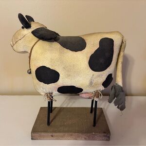 Folk Art Home Decor 12" Mix-Medium Fabric Metal Wood Black + White Cow Sculpture